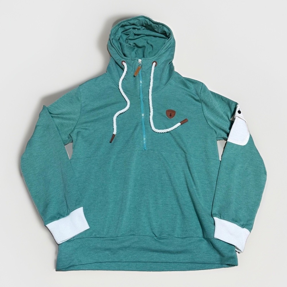 Wanakome Hoodie Size S Hestia Half Zip Teal Green White Rope Drawstring Cotton